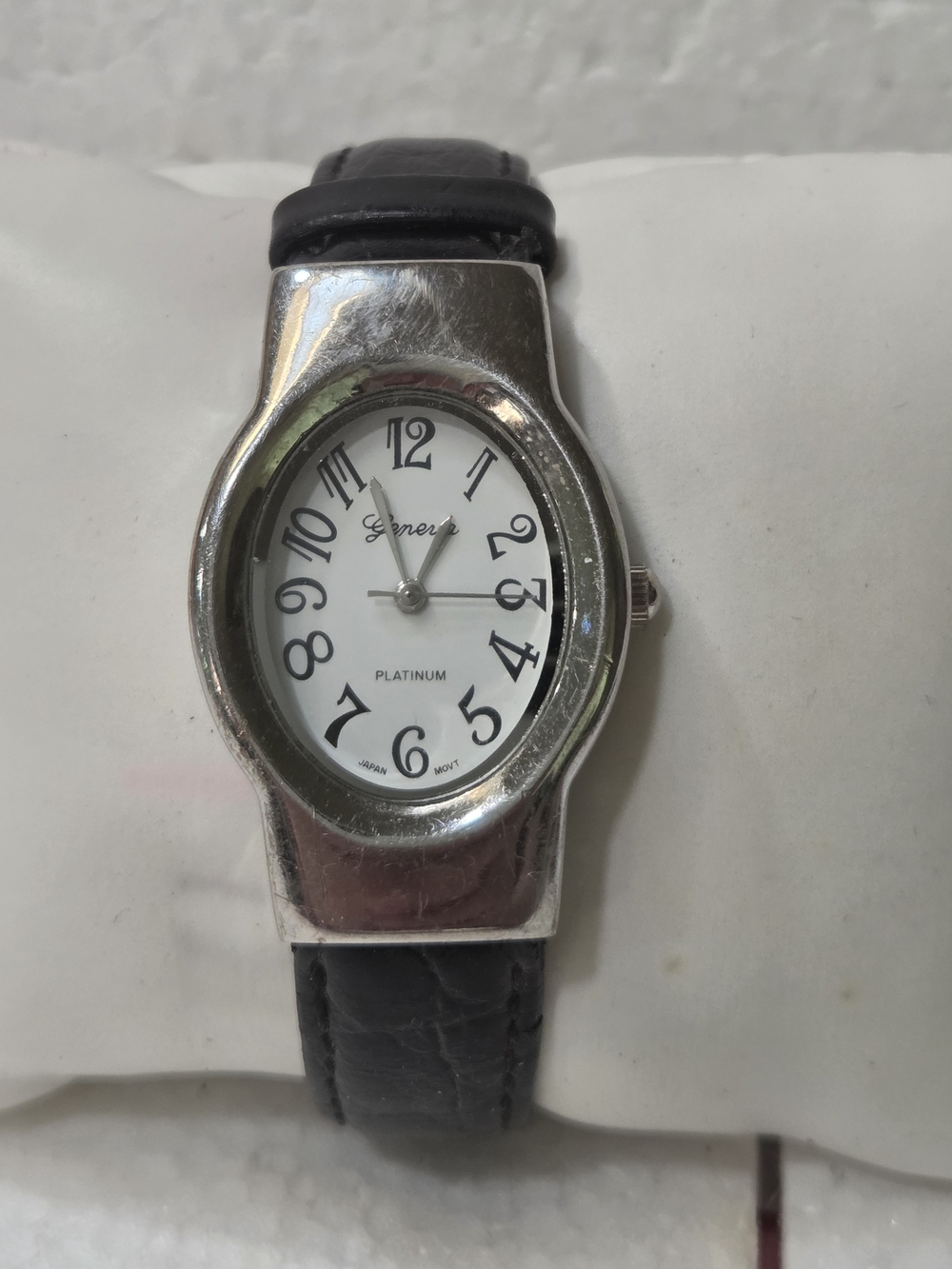 Geneva Silver-Tone Oval Watch with Black Strap
